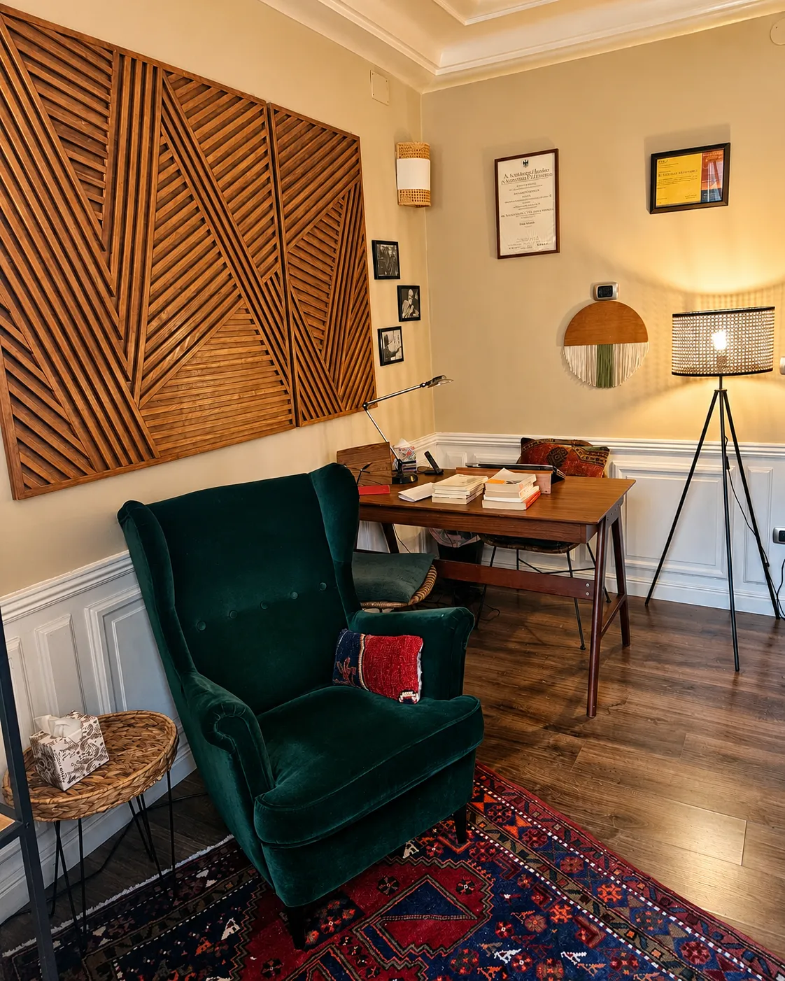 Studio di psicologia a Napoli con poltrona verde, scrivania, tappeto decorato e pannelli in legno.