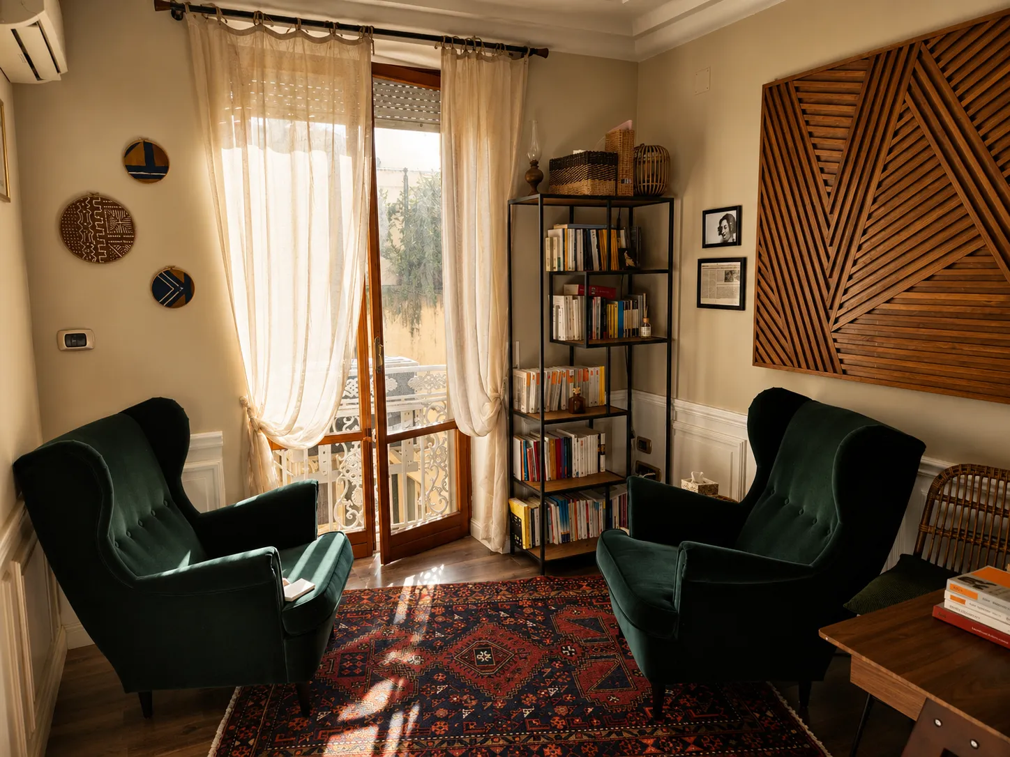 Studio di psicologia a Napoli con due poltrone verdi, libreria, finestra con tende chiare e tappeto decorato.